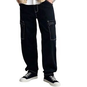 ZARA Denim Cargo Pants 34 Brown Topstitched Straight Baggy Drawstring Leg